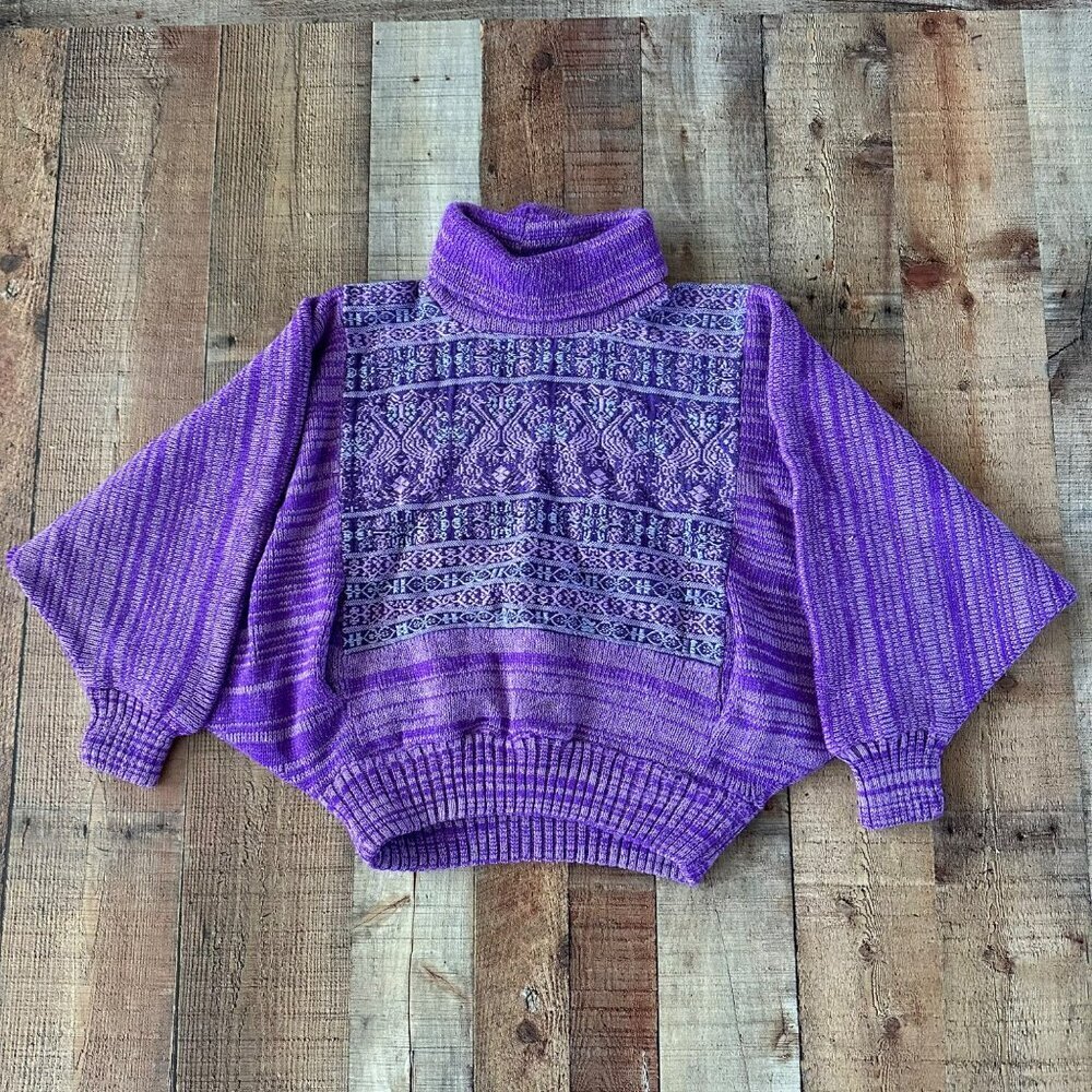 Vintage Handmade Purple Knit Poncho Sweater With Turtleneck & Batwing Sleeves